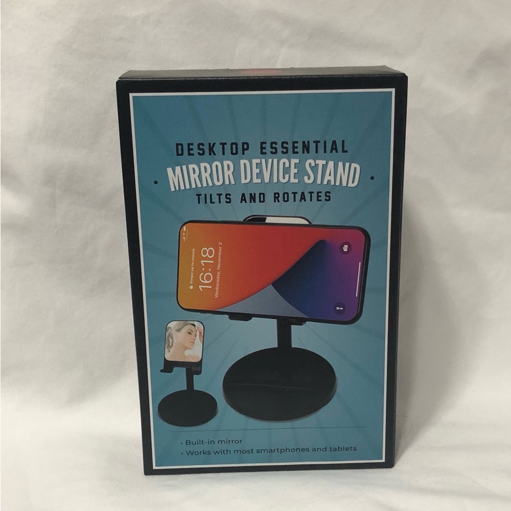Mirror Device Stand for most smartphones and tablets tilts and rotates black.